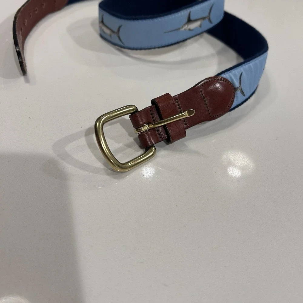 Leather Man LTD Belt Sword Fish Size 38 Blue Hand Made Essex CT Webbed Brass